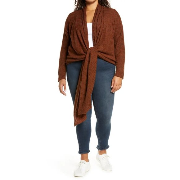 Cozy Ribbed Tie Cardigan — Rust Brown Loveapella Knit 1X - Picture 1 of 14